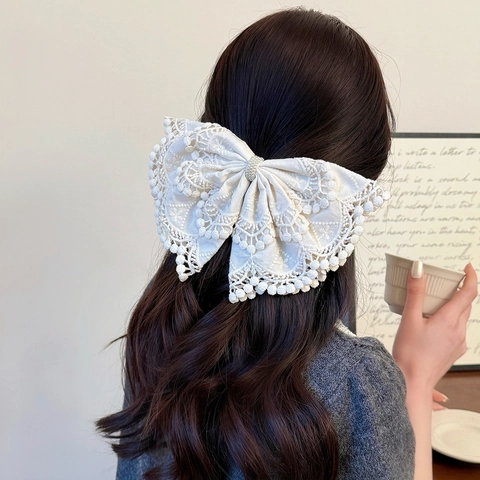 Fermaglio a Molla Bohemian con Grande Fiocco in Pizzo per Donna Vintage Francese Bianco Crema Perle Artificiali Elegante Accessorio Capelli