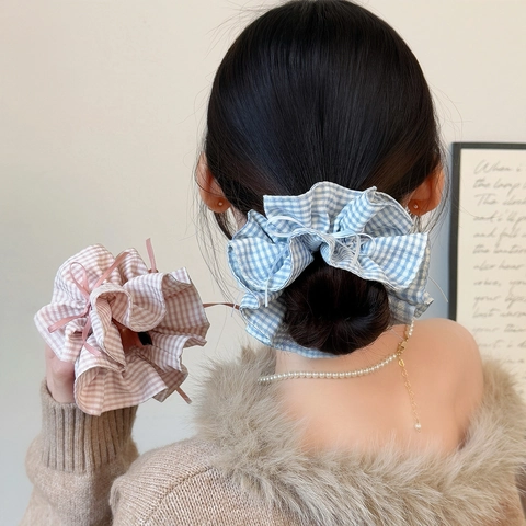 Scrunchies in Tessuto Gingham Stile Coreano Doppio Strato Fiocco a Quadri Elastici per Capelli Donna Accessori Capelli