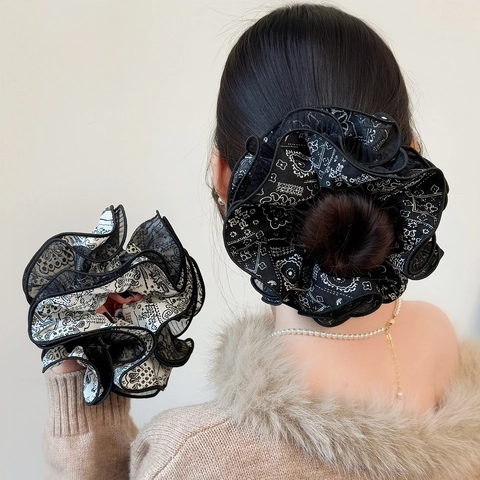 Scrunchie Oversize Vintage con Stampa Paisley da Donna Elegante Bordo in Rete Grandi Elastici per Capelli Accessori Capelli Stile Coreano