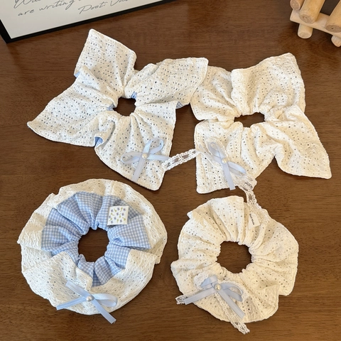 Women Elegant Lace Bow Scrunchie Artificial Pearl Sweet Blue Plaid Hair Tie Ribbon Streamer Elastic Hair Band Accessories