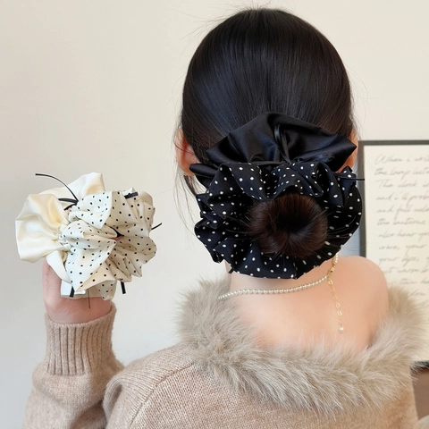 Handgemacht Satin Punktmuster Haargummi Groß Elastisch Haarband Schleife Kontrastfarbe Doppellagig Haargummi Für Damen Mädchen