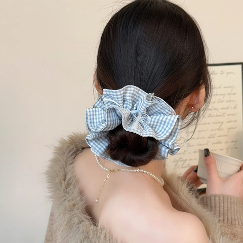 Scrunchies in Tessuto Gingham Stile Coreano Doppio Strato Fiocco a Quadri Elastici per Capelli Donna Accessori Capelli