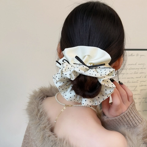 Handgemacht Satin Punktmuster Haargummi Groß Elastisch Haarband Schleife Kontrastfarbe Doppellagig Haargummi Für Damen Mädchen