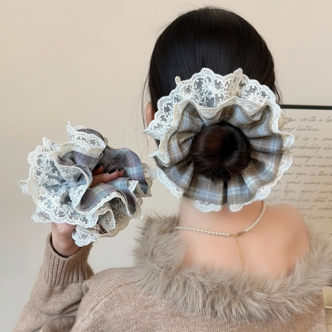 French Style Plaid Lace Scrunchies For Women Sweet Large Hair Ties Elastic Ponytail Holder Fashion Hair Accessories