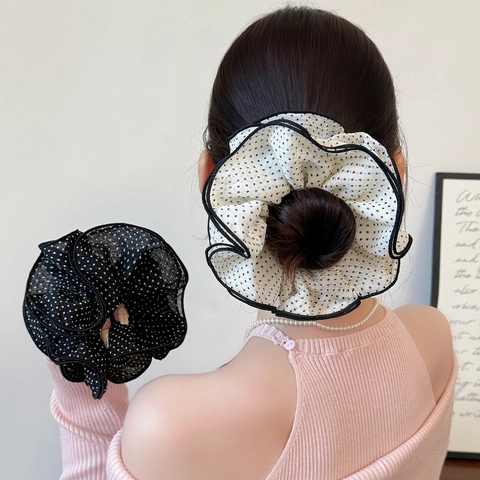 Grands Chouchous en Maille à Pois pour Femmes Haute Élasticité Bord à Volants Élastique à Cheveux Style Coréen Porte-Queue de Cheval Accessoires Cheveux