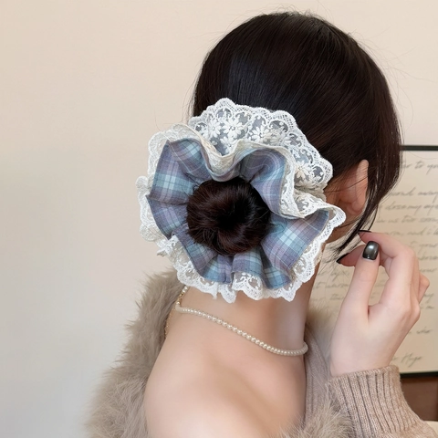 French Style Plaid Lace Scrunchies For Women Sweet Large Hair Ties Elastic Ponytail Holder Fashion Hair Accessories