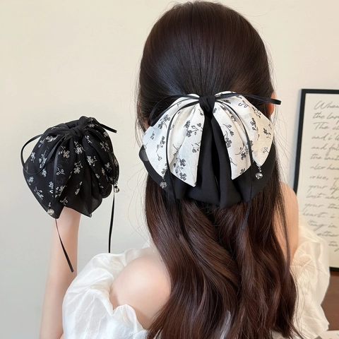 Elegante Molletta per Capelli con Fiocco in Tessuto Floreale per Donna Grande Fermaglio per Capelli a Doppio Strato Con Nappina di Perla Artificiale Dolce Accessori per Capelli