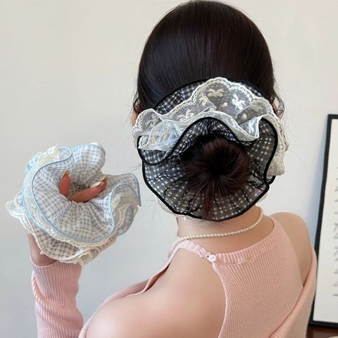Korean Style Plaid Lace Scrunchie Oversized Mesh Fabric Hair Tie Sweet Pleated Hair Band For Women Daily Hair Accessories