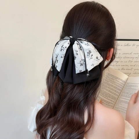 Elegante Molletta per Capelli con Fiocco in Tessuto Floreale per Donna Grande Fermaglio per Capelli a Doppio Strato Con Nappina di Perla Artificiale Dolce Accessori per Capelli