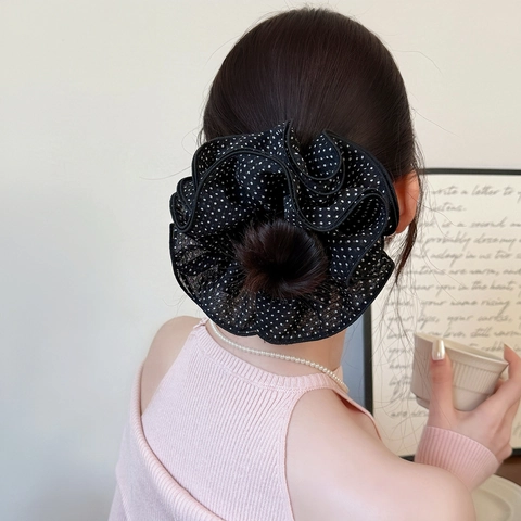 Grands Chouchous en Maille à Pois pour Femmes Haute Élasticité Bord à Volants Élastique à Cheveux Style Coréen Porte-Queue de Cheval Accessoires Cheveux