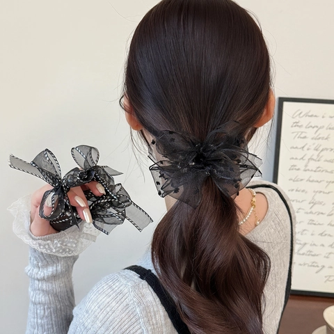 Elegante Zwarte Mesh Strik Scrunchie Voor Dames Handgemaakt Gepunkt Gestreept Haarelastiekje Grote Darm Haarring Paardenstaart Houder Accessoires
