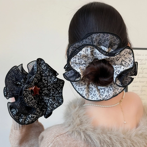 Oversized Floral Mesh Layered Scrunchies Korean Style Sweet Lace Hair Tie Large Elastic Hair Band For Women Jewelry