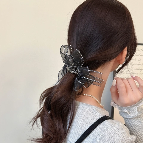 Elegante Zwarte Mesh Strik Scrunchie Voor Dames Handgemaakt Gepunkt Gestreept Haarelastiekje Grote Darm Haarring Paardenstaart Houder Accessoires