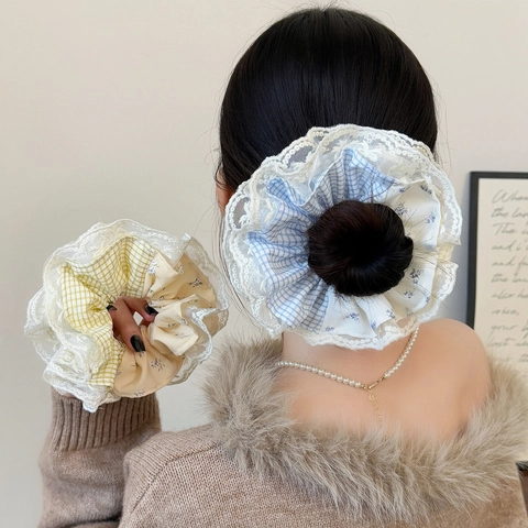 Sweet Korean Style Checkered Floral Lace Scrunchie Bow Artificial Pearl Cloth Hair Tie Preppy Style Hair Accessories For Women