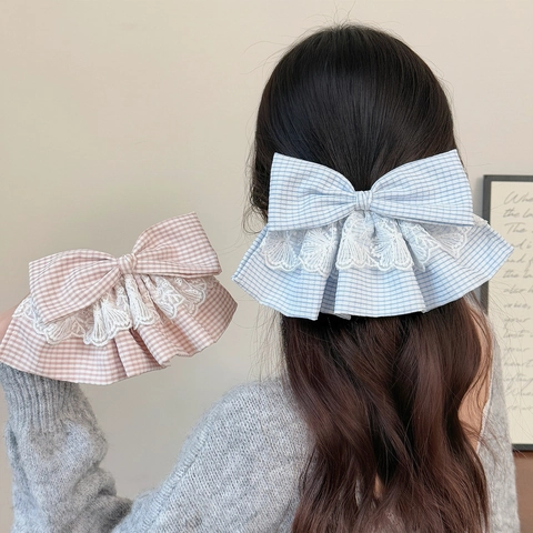 Pince À Cheveux Coréenne Douce À Nœud Rayé Dentelle Grand Ruban Barrette À Ressort Pour Femmes Accessoires Cheveux Versatiles