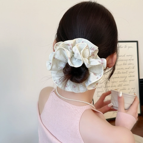Coleteros de Encaje de Doble Capa Estilo Coreano con Estampado Floral Grandes Anillos Elásticos para El Pelo para Mujer