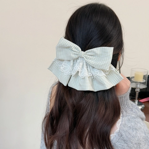 Pince À Cheveux Coréenne Douce À Nœud Rayé Dentelle Grand Ruban Barrette À Ressort Pour Femmes Accessoires Cheveux Versatiles