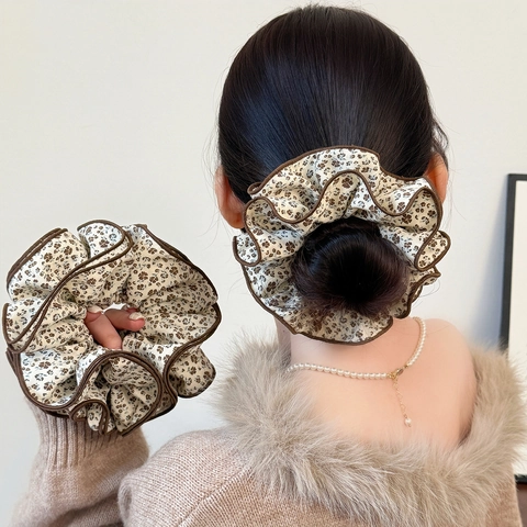 Coletero de Tela con Flores Vintage Grande Multicapa Plisado Lazo Elástico para el Pelo Accesorios de Peinado para Mujer