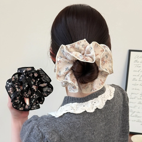 Korean Vintage Elegant Floral Mesh Double Layer Scrunchie Large Ponytail Holder For Women Floral Hair Tie Hair Ornament