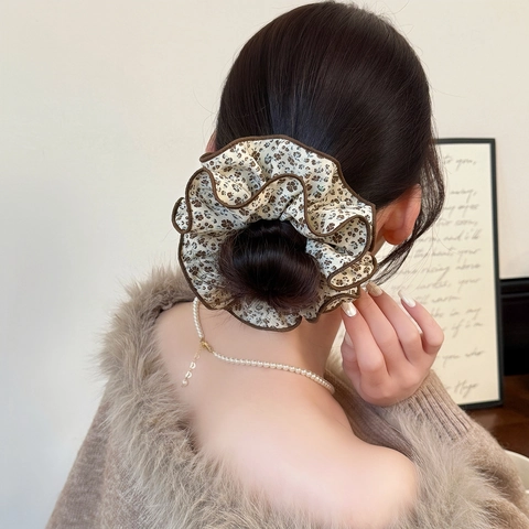 Coletero de Tela con Flores Vintage Grande Multicapa Plisado Lazo Elástico para el Pelo Accesorios de Peinado para Mujer