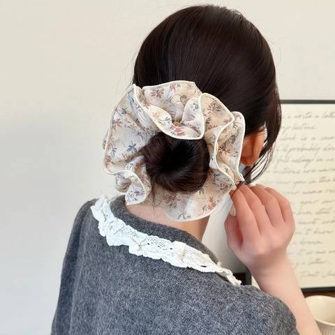 Korean Vintage Elegant Floral Mesh Double Layer Scrunchie Large Ponytail Holder For Women Floral Hair Tie Hair Ornament