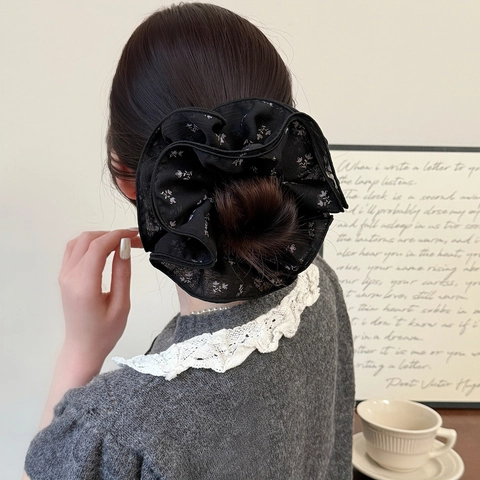 Coletero Floral de Malla Multicapa de Moda Coreana para Mujer Elegante Plisado Grande Elástico de Tela Estampada Accesorio para Cabello