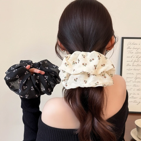 Korean Style Floral Mesh Scrunchies For Women Elegant Oversized Hair Tie Handmade Floral Print Hair Accessories Large Scrunchie