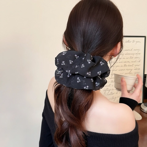 Korean Style Floral Mesh Scrunchies For Women Elegant Oversized Hair Tie Handmade Floral Print Hair Accessories Large Scrunchie