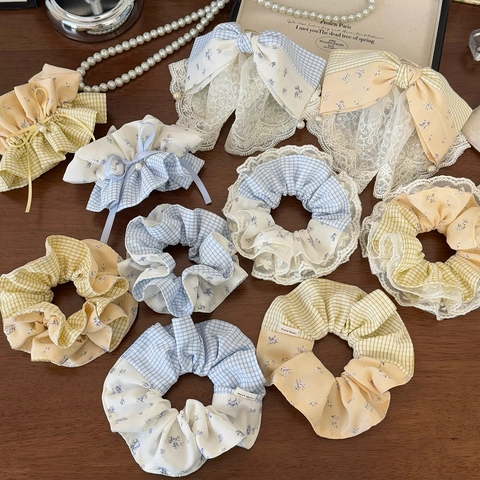 Sweet Korean Style Checkered Floral Lace Scrunchie Bow Artificial Pearl Cloth Hair Tie Preppy Style Hair Accessories For Women