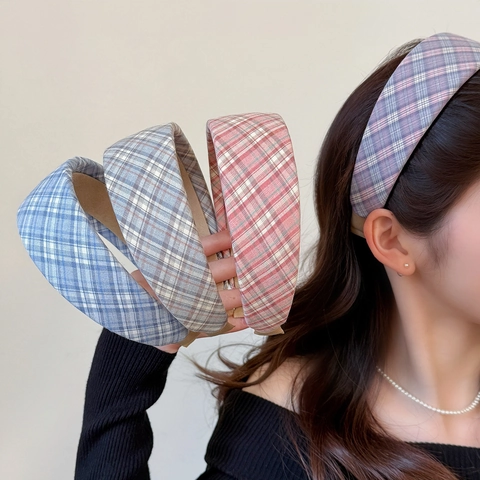 Vintage Geruite Brede Stof Haarband Voor Dames Koreaanse Stijl Geblokte Haarklem Mode High Top Haaraccessoires Dagelijks