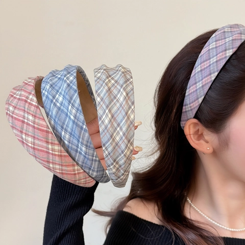 Dames Preppy Ruit Stof Haarband Brede Rand Geribbeld Zoet Hoofddeksel Veelzijdige Haarklem Mode Accessoires