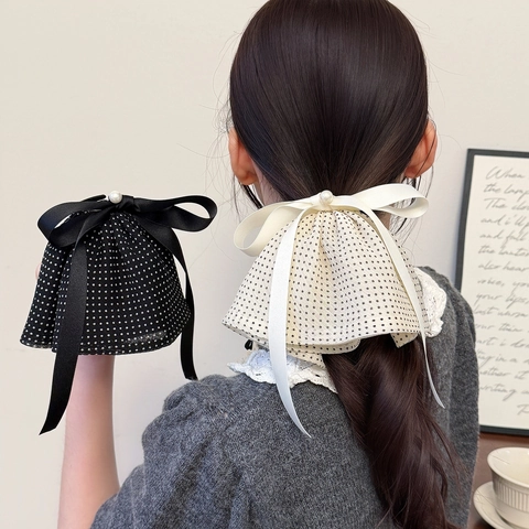 Orecchini a Molletta Francese Vintage a Pois in Rete Con Fiocco Elegante Nastro di Raso Artiglio Grande Capelli Donna