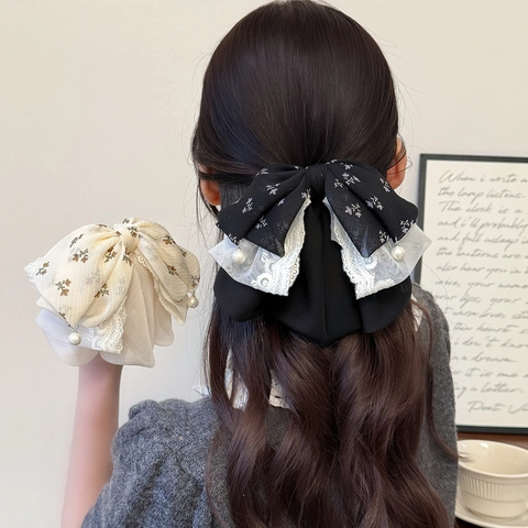 Fermaglio per Capelli Francese con Fiocco in Pizzo e Rete per Donna Elegante Clip per Coda di Cavallo in Chiffon Floreale