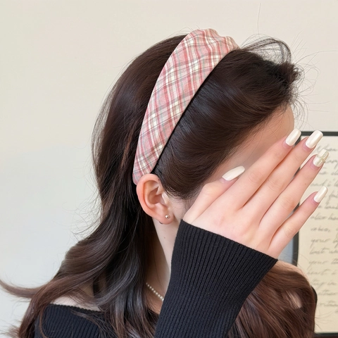 Dames Preppy Ruit Stof Haarband Brede Rand Geribbeld Zoet Hoofddeksel Veelzijdige Haarklem Mode Accessoires
