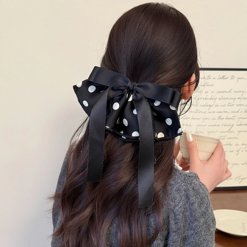 French Vintage Polka Dot Satin Bow Hair Clip Elegant Ruffle Large Ribbon Spring Clip For Women Retro Sweet Hair Accessories