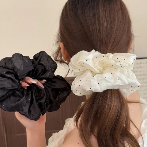 Oversized Mesh Tulle Scrunchie Polka Dot Solid Elegant Fluffy Hair Tie For Women Daily Dating Hair Accessories