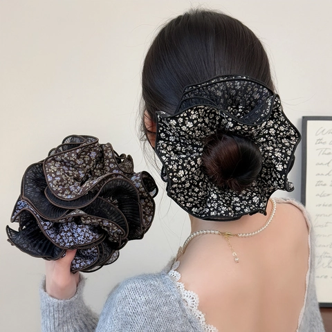 French Vintage Floral Scrunchies Oversized Mesh Pleated Hair Ties Large Ruffled Ponytail Holder Hair Accessories For Women