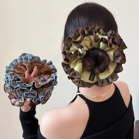 Chouchou Large à Plis et Volants pour Femmes Double Couche en Tissu Style Coréen Doux Accessoire Cheveux Queue de Cheval