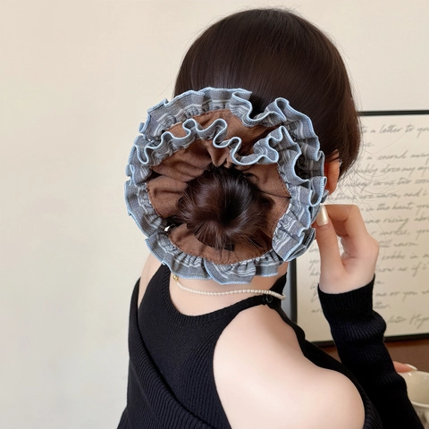 Chouchou Large à Plis et Volants pour Femmes Double Couche en Tissu Style Coréen Doux Accessoire Cheveux Queue de Cheval