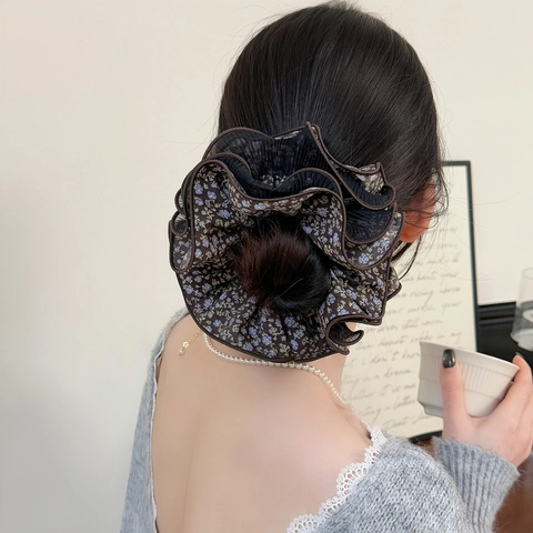 French Vintage Floral Scrunchies Oversized Mesh Pleated Hair Ties Large Ruffled Ponytail Holder Hair Accessories For Women