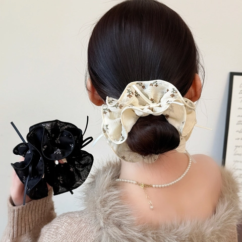 Coleteros Florales Franceses Vintage Con Lazo De Cinta Elegante Organza Gomas De Pelo Estilo Coreano Accesorios Pelo Para Mujer