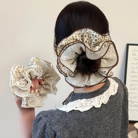 Süßes Blumenmuster Netz Haargummi Mehrlagig Gefalteter Haarreifen Retro Chiffon Elastisch Großer Haarring Für Damen Zubehör