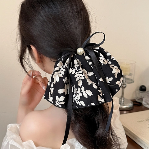 Scrunchie Vintage Floreale Con Fiocco e Nastri Lunghi Elegante Elastico in Chiffon Con Perla Artificial Sintetica Accessori Capelli