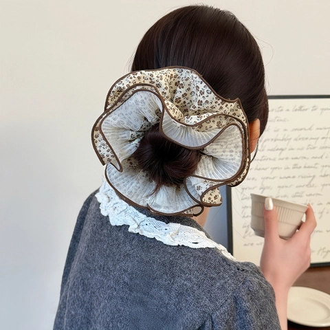 Süßes Blumenmuster Netz Haargummi Mehrlagig Gefalteter Haarreifen Retro Chiffon Elastisch Großer Haarring Für Damen Zubehör