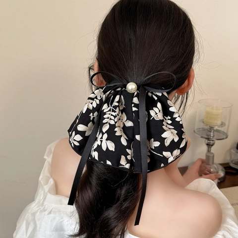 Scrunchie Vintage Floreale Con Fiocco e Nastri Lunghi Elegante Elastico in Chiffon Con Perla Artificial Sintetica Accessori Capelli