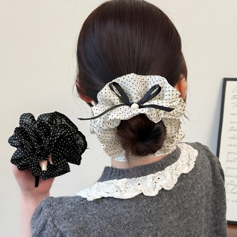 Scrunchie a Pois Francese Con Fiocco E Perla Artificial d'Imitazione in Chiffon Grande Elastico Per Capelli Donna Eleganti Accessori