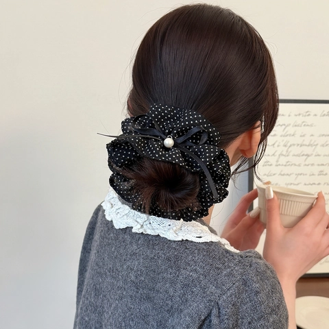 Scrunchie a Pois Francese Con Fiocco E Perla Artificial d'Imitazione in Chiffon Grande Elastico Per Capelli Donna Eleganti Accessori