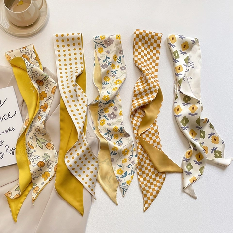 Französischer Stil Satin Schmaler Schal Für Damen Blumen Polka Dot Schachbrett Druck Langer Schal Haarband Taschen Deko Schal