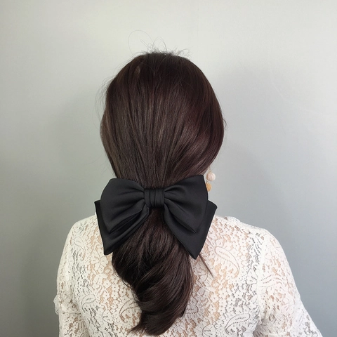 Elegant Large Satin Bow Hair Clip With Metal Spring Clip French Vintage Style Double Layer Solid Color Hair Accessories For Women