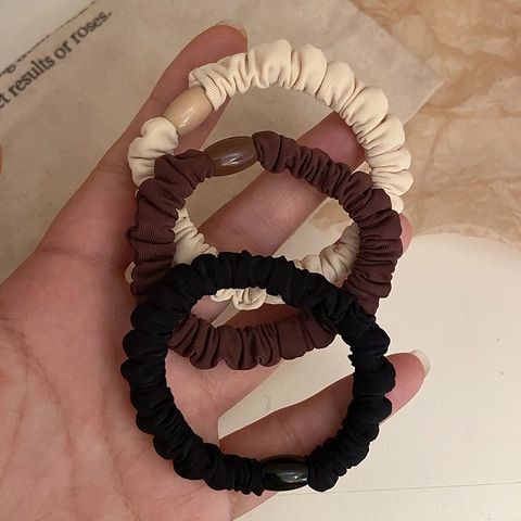 Elastic Fabric Hair Ties Wrinkled Scrunchies High Ponytail Ribbed Cloth Hair Bands With Resin Bead Minimalist Accessories
